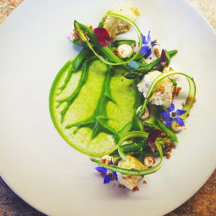 Asparagus tarramasalata garlic croutes and flowers