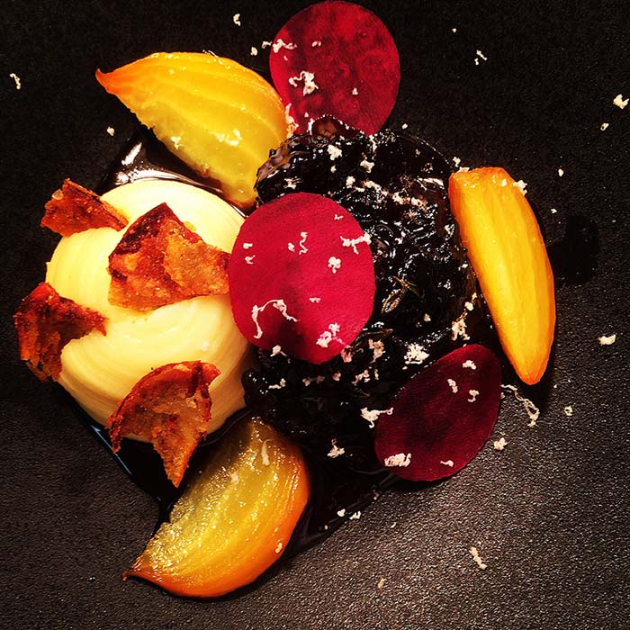 BBQ spiced beef cheek salt baked beetroot smoked mashed potato and potato skins