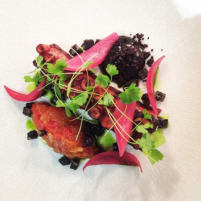 Chargrilled octopus coal oil mayonnaise tomato chutney and pickled onion