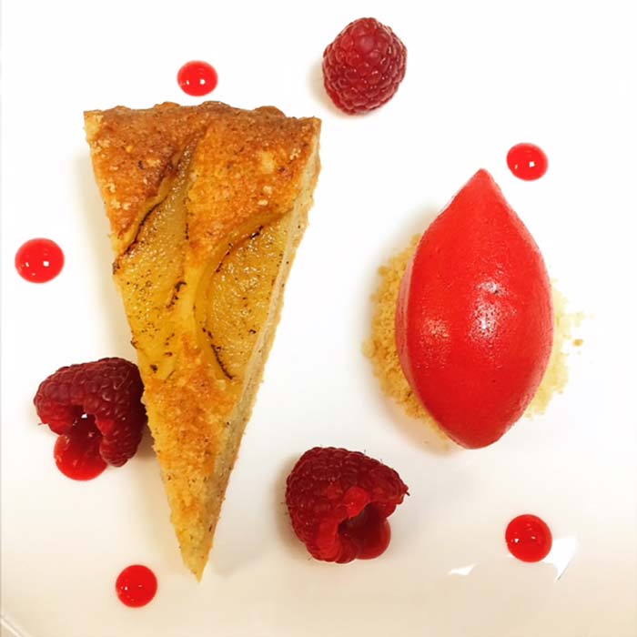 Pear frangipane tart raspberries strawberry sorbet