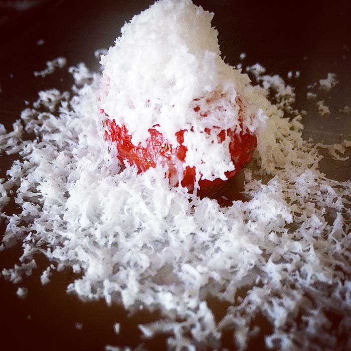 Semi dried datorini tomato with mozzarella snow