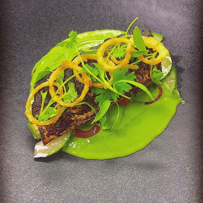 Tandoori mackerel bombay potato salad cucumber yoghurt and crispy shallots2